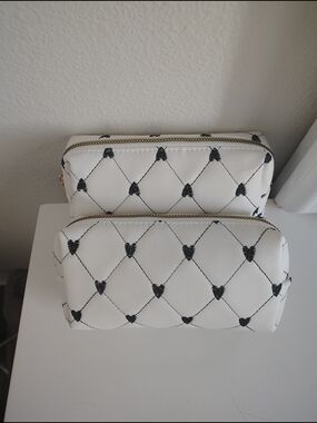 Under One Sky White Faux-Leather Cosmetic Pouch Duo with Black Heart Stitching